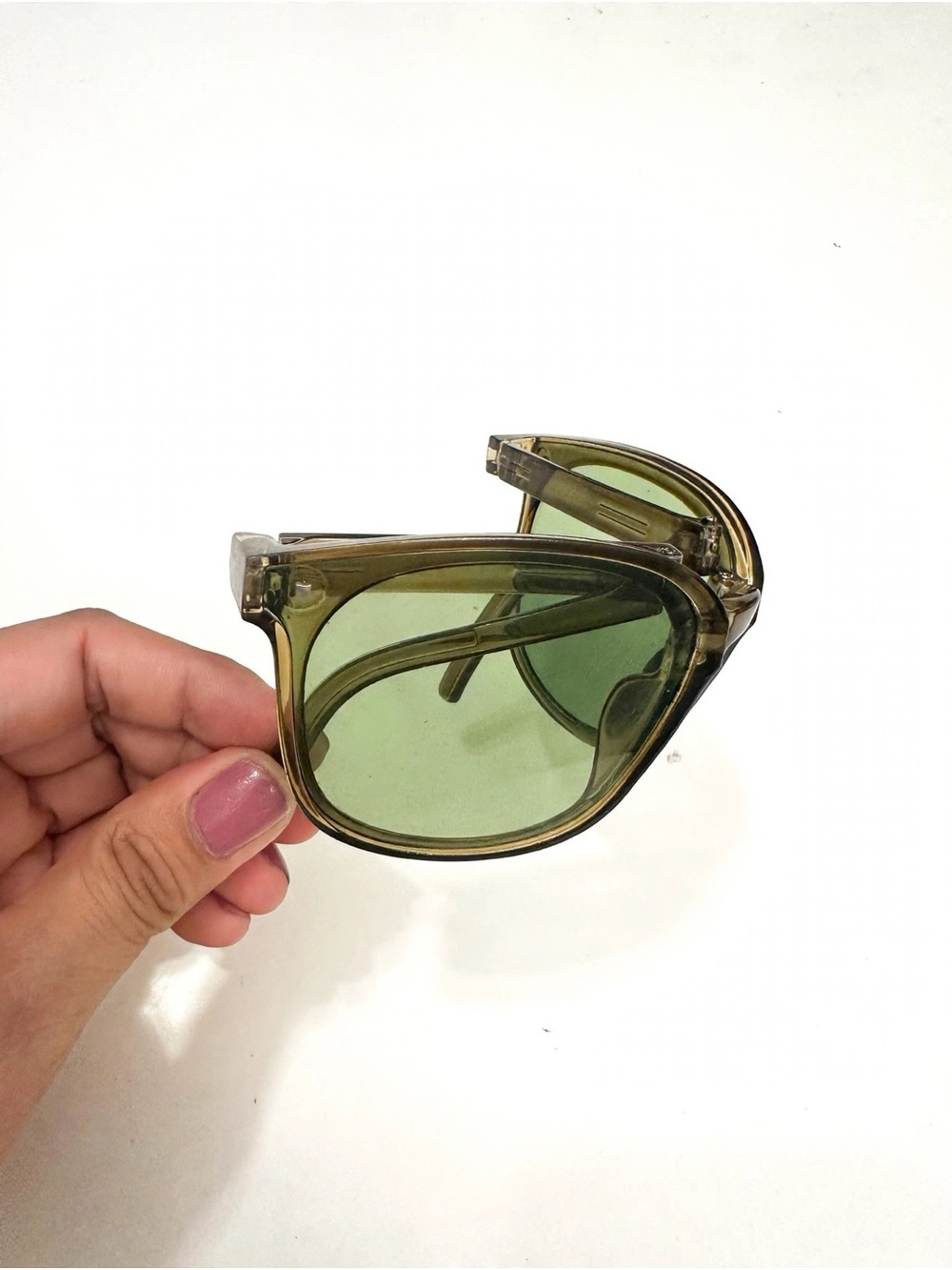 Foldable  Square Sunglasses in Olive Green with Translucent Brown Frame